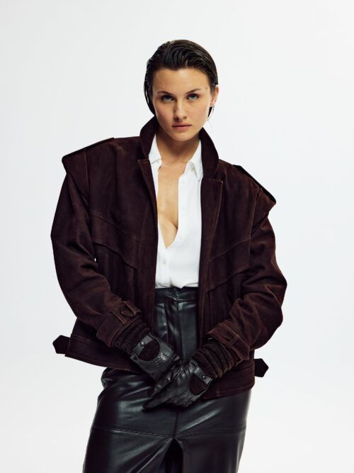 ROTATE SUEDE LEATHER JACKET 
- DARK BROWN